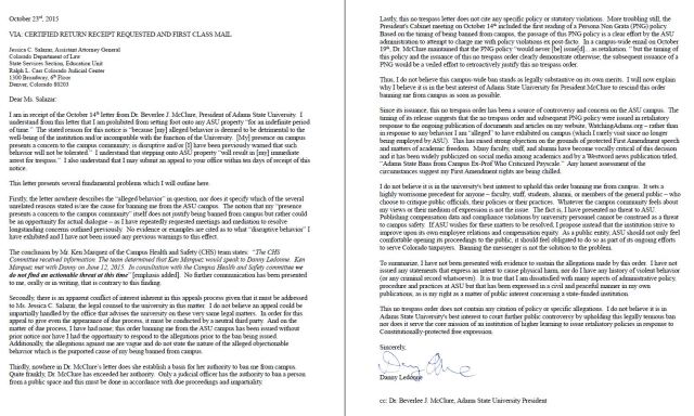 response to the President McClure letter banning him from campus states